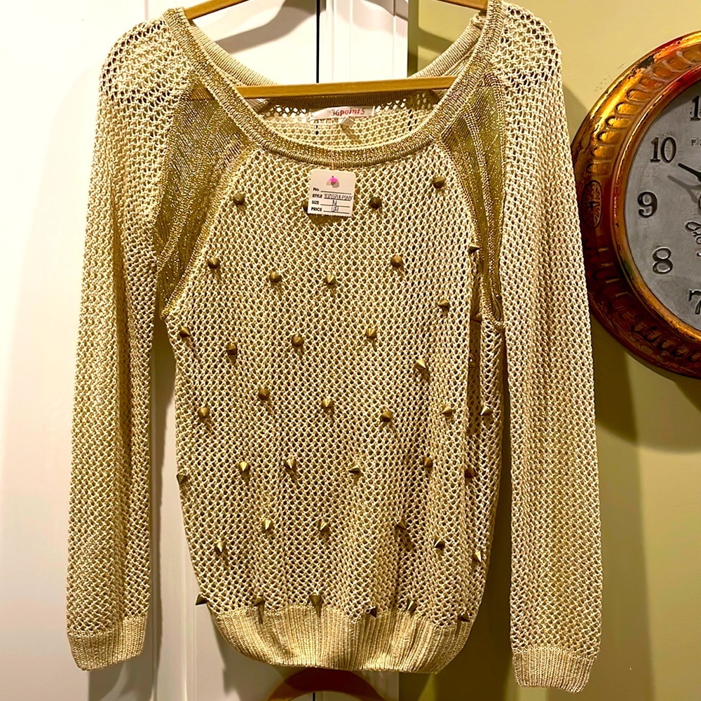 Beautiful studded mesh sweater with gold silk stitching.